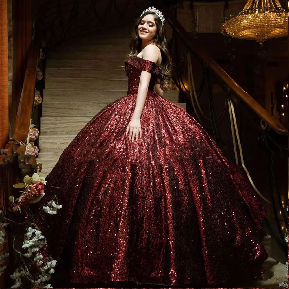 Sparkly Quinceanera Dresses 2024 Vestidos De 15 Quinceanera Off The Shoulder Wine Red Sequined Sweet 16 Dress Birthday Party Ball Gown Lace Up