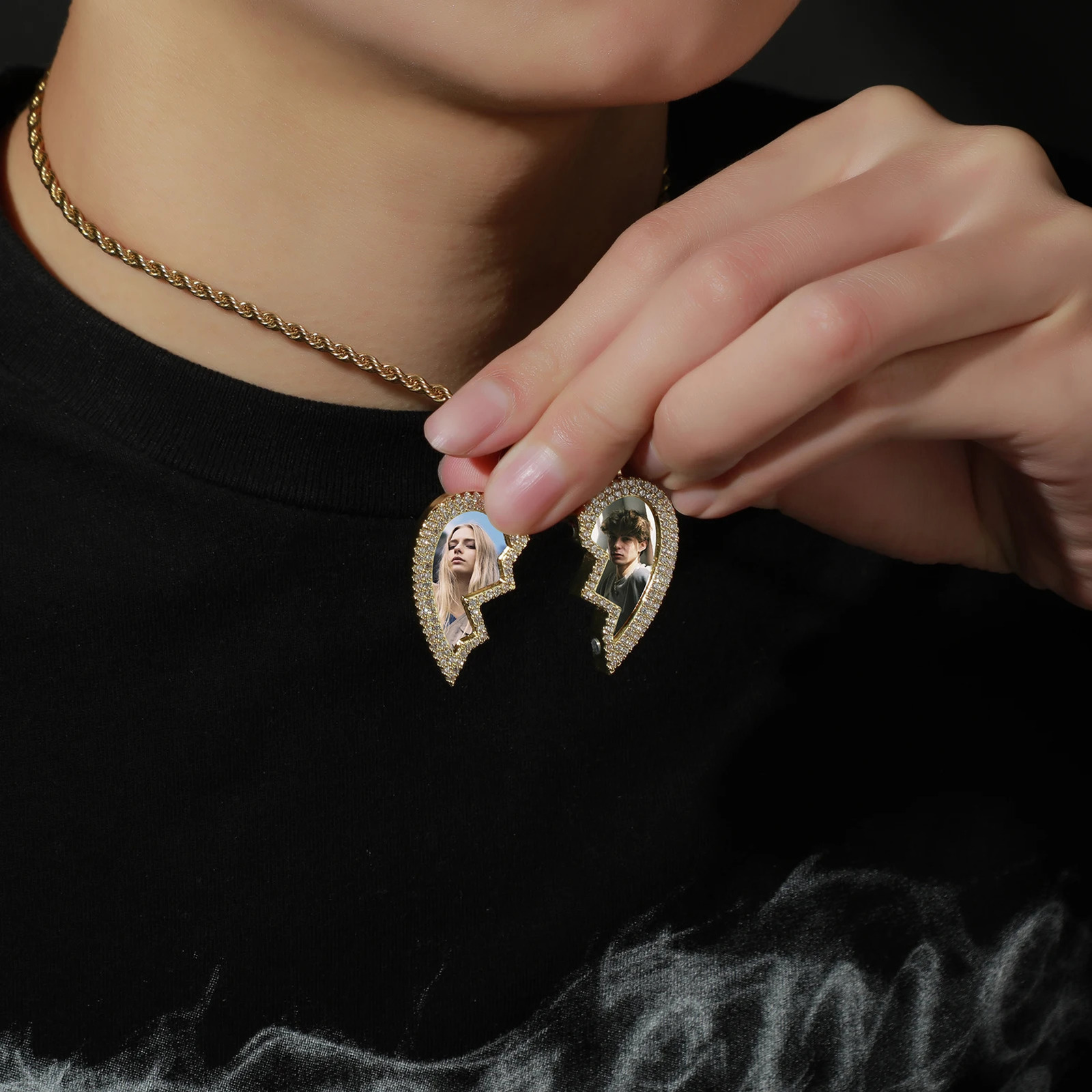 THE BLING KING Broken Heart Po Magnetic Frame Pendant 2 Pictures Iced Out Cubic Zirconia Hiphop Jewelry Valentines Day Gift 240531