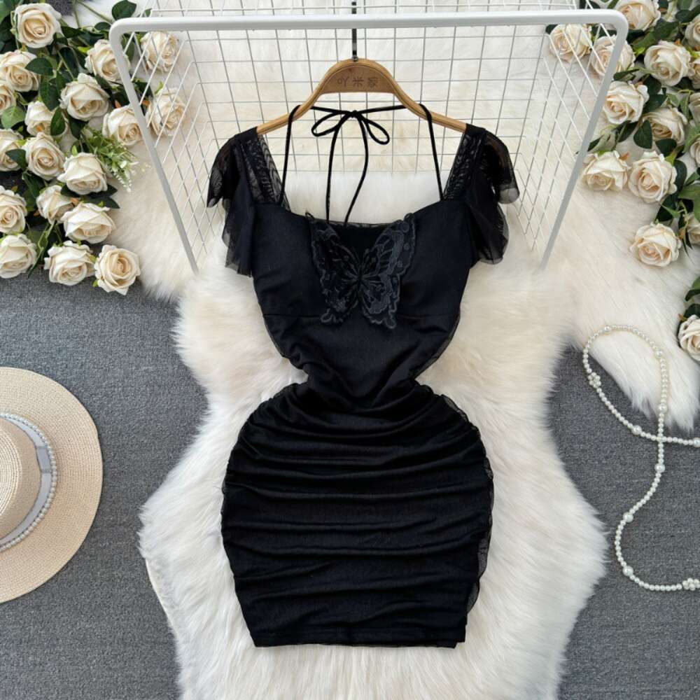 2023 Summer Fashion Pure Desire Sexy Bra Hanging Neck Bow Hollow Waist Slimming Mesh Wrap Hip Dress