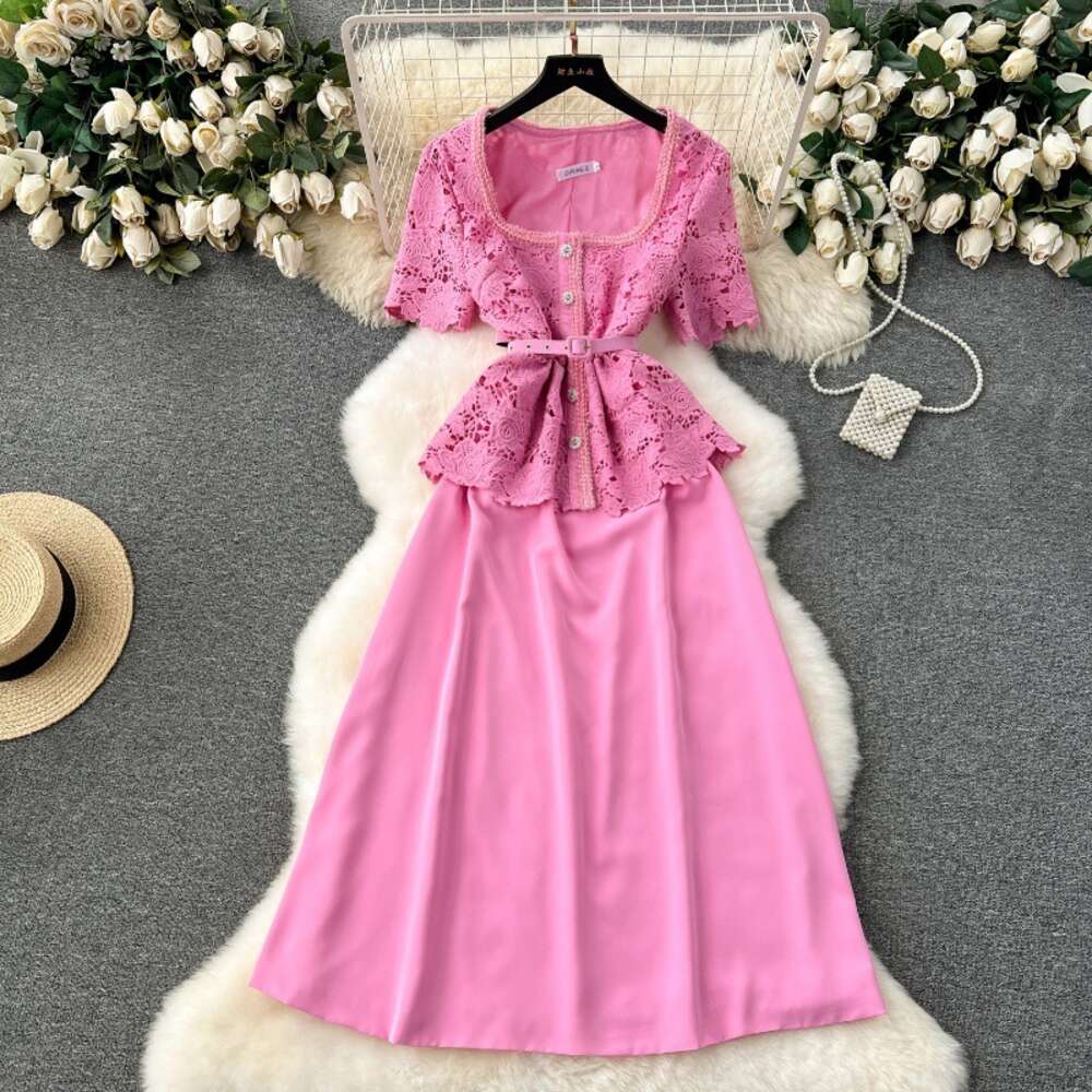 French court style dress for women with a fake design. Two pieces of lace short sleeved high-end patchwork mid length dress for women