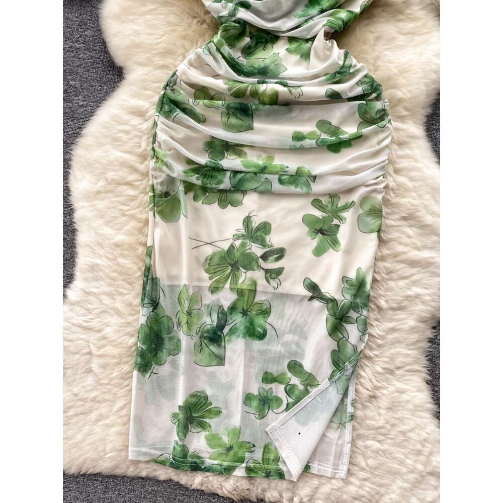 Summer new French niche pleated V-neck short sleeved printed mesh wrap hip skirt for womens slim fit and slimming dress trend