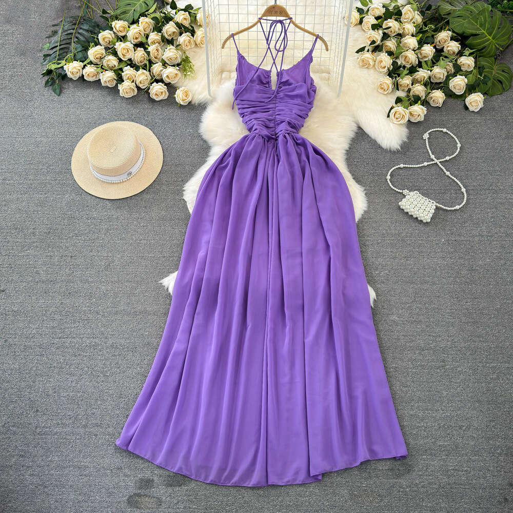 Gentle style hanging neck exposed back waist slimming A-line large hem dress seaside vacation beach dress elegant long skirt