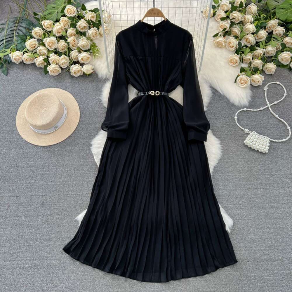 Spring and Autumn Seasons Light Mature Style Celebrity Elegant Long sleeved Standing Neck Waist Wrapped Slim A-line Hundred Pleated Dress Elegant Long