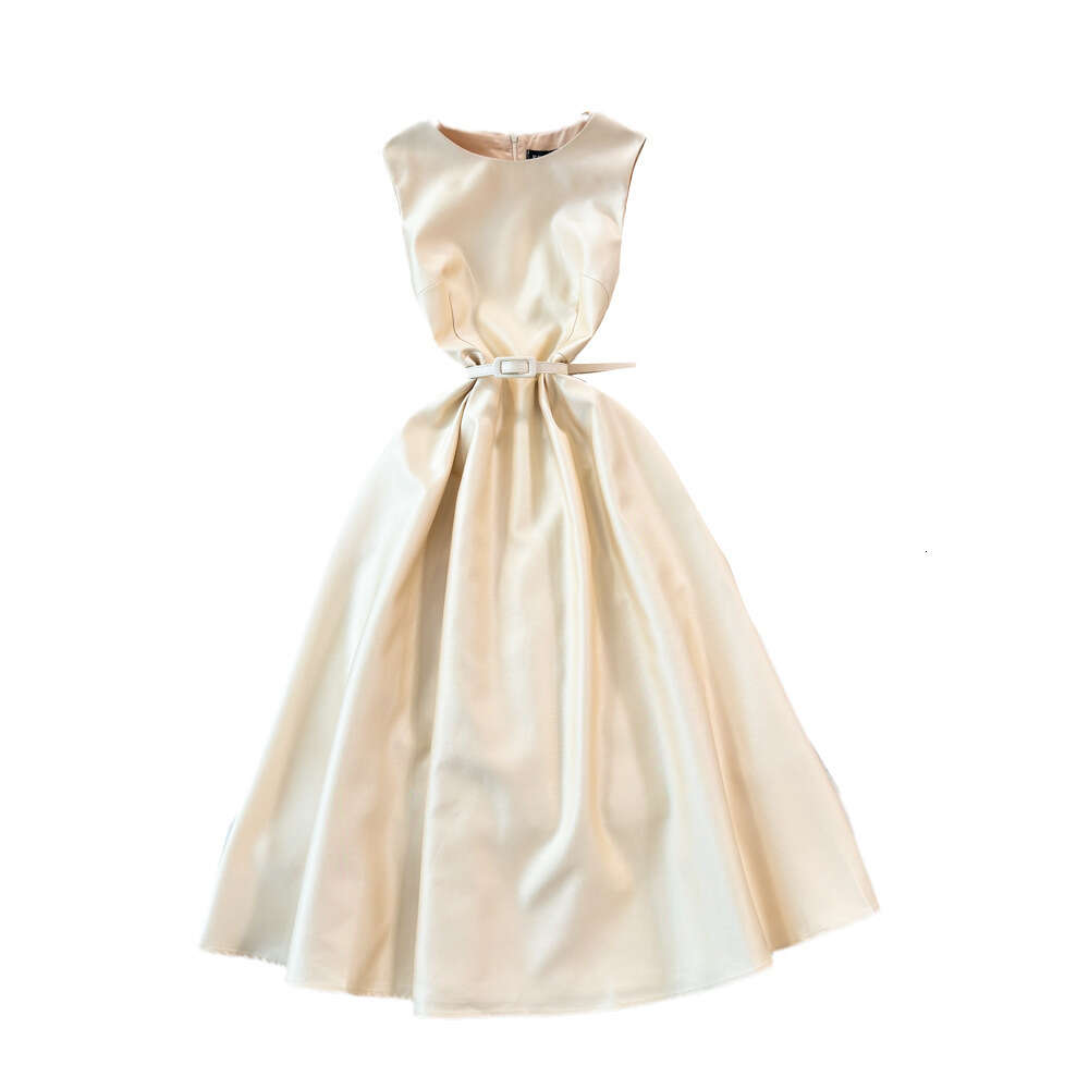 High end light luxury socialite temperament sleeveless round neck waistband slimming effect mid length A-line glossy dress summer dress