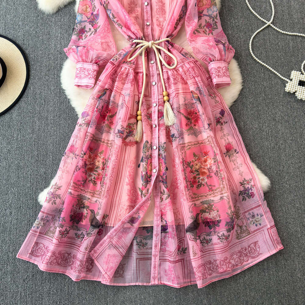 Spring and Autumn Palace Style Lantern Long sleeved Flip Collar Waist Slimming Single breasted A-line Printed Shirt Dress