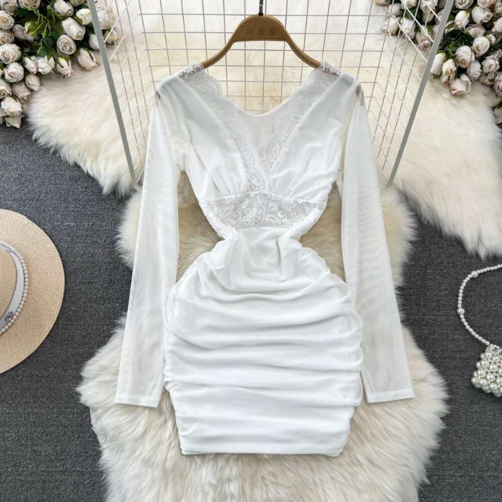 Celebrity Temperament Sexy Nightclub Deep V Lace Hooked Flower Splice with Waist Closure for a Slim and Short Fit Hip Wrap Dress