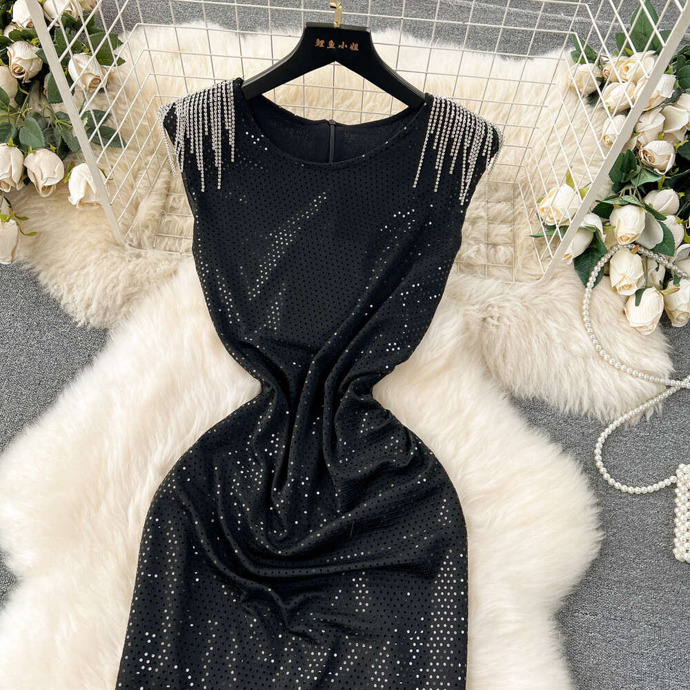 Elegant and sophisticated sequin tassel dress goddess Fan Yujie style slim fit sleeveless socialite long dress