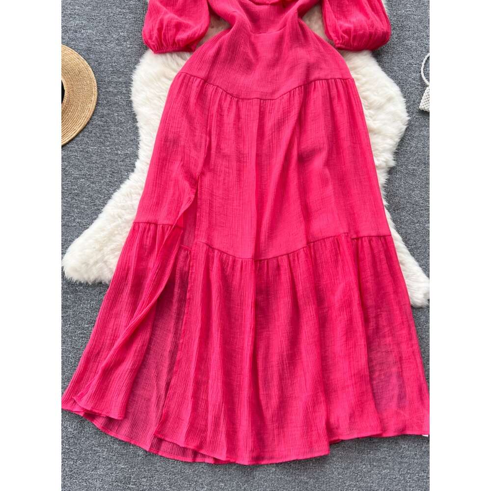 Beach resort style camisole dress for womens summer off shoulder bubble sleeves with slit design for a unique and beautiful beach skirt