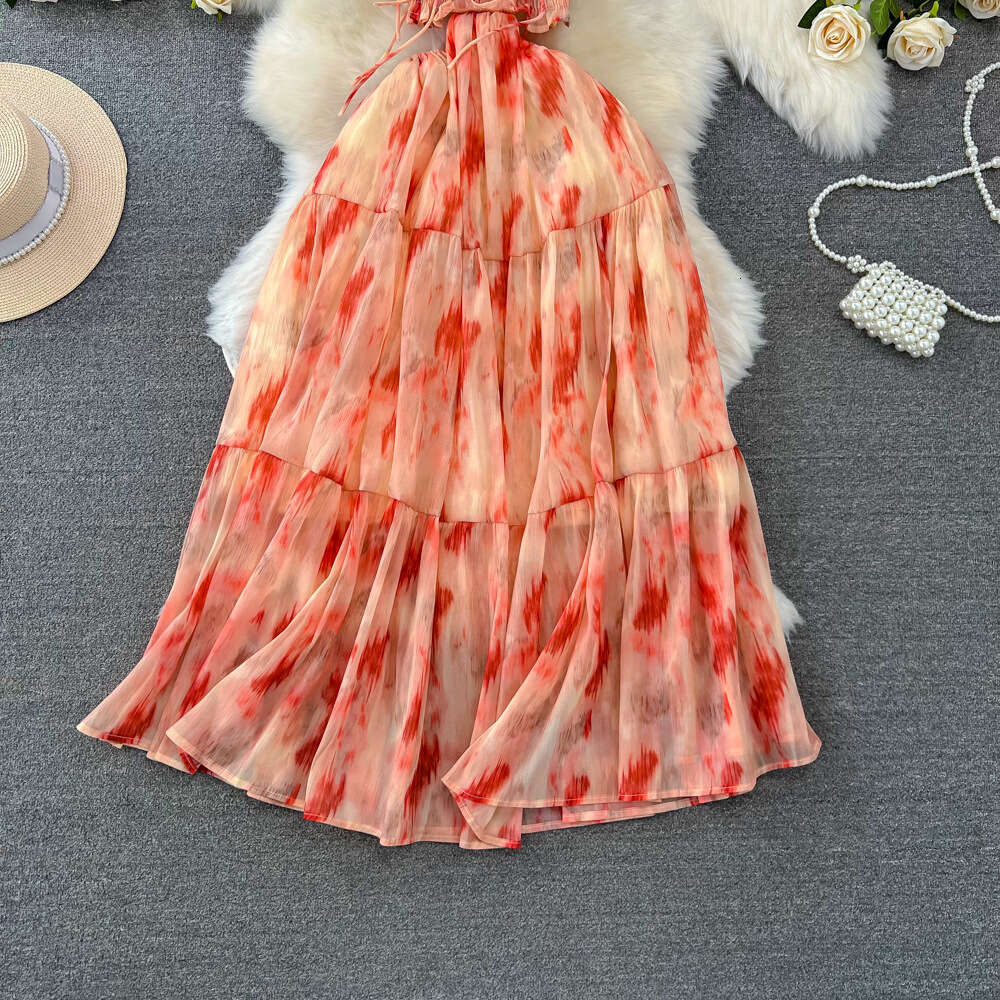 Gentle style super fairy and socialite temperament strapless waist slimming A-line printed suspender dress seaside vacation long dress