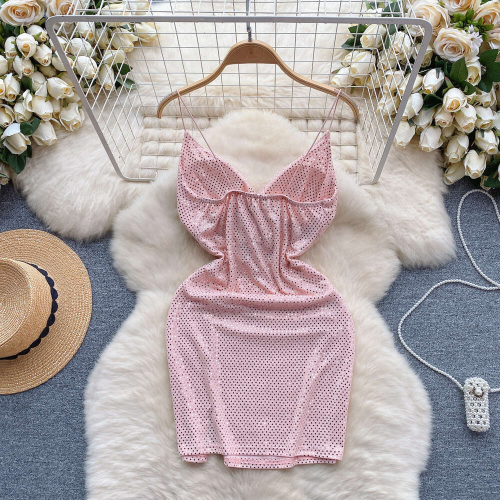 Nightclub womens clothing with scheming pleats slim waist sexy backless V-neck suspender dress light luxury sequin bottom skirt