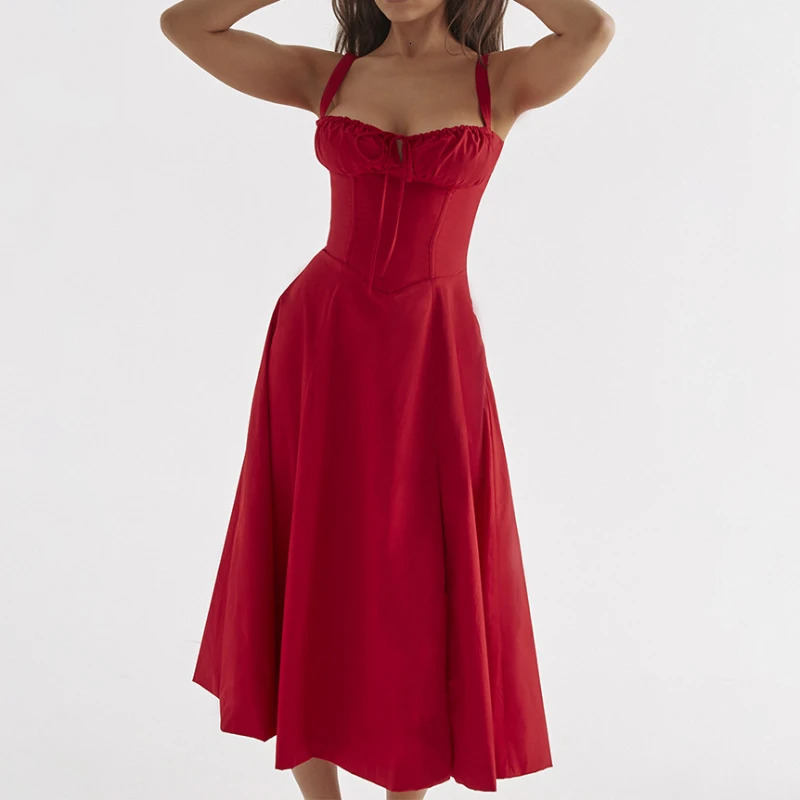 Women Summer Boho Spaghetti Straps Split Thigh Midi Dress Tie Front Solid Floral Print Sleeveless Vintage A Line Beach Dresses 240529