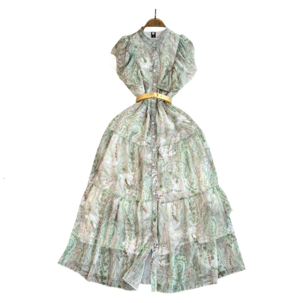 Summer New Round Neck Lotus Leaf Sleeves Single breasted Lace up Waist for Slimming French Elegance and Elegance Dress for Women