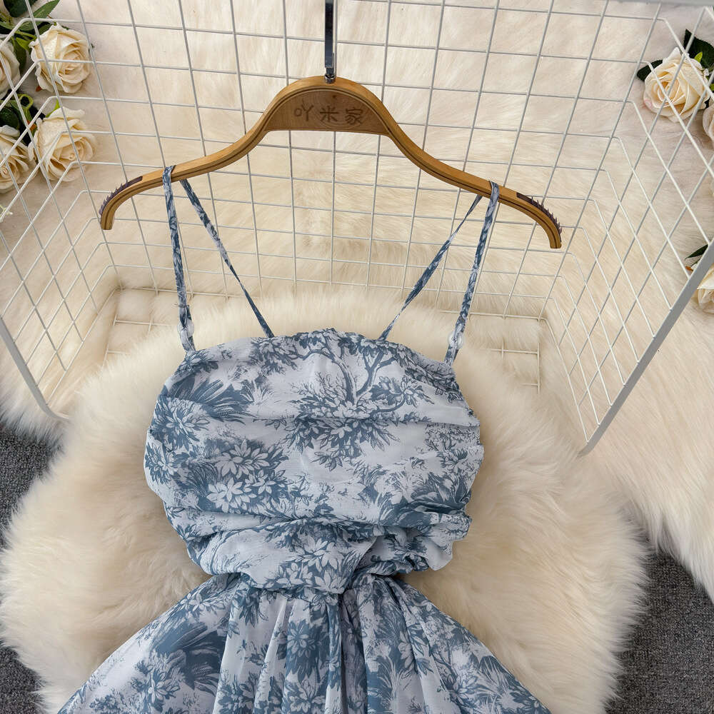 New Chinese ink painting bra waist cinching slimming backless A-line suspender dress seaside vacation long dress