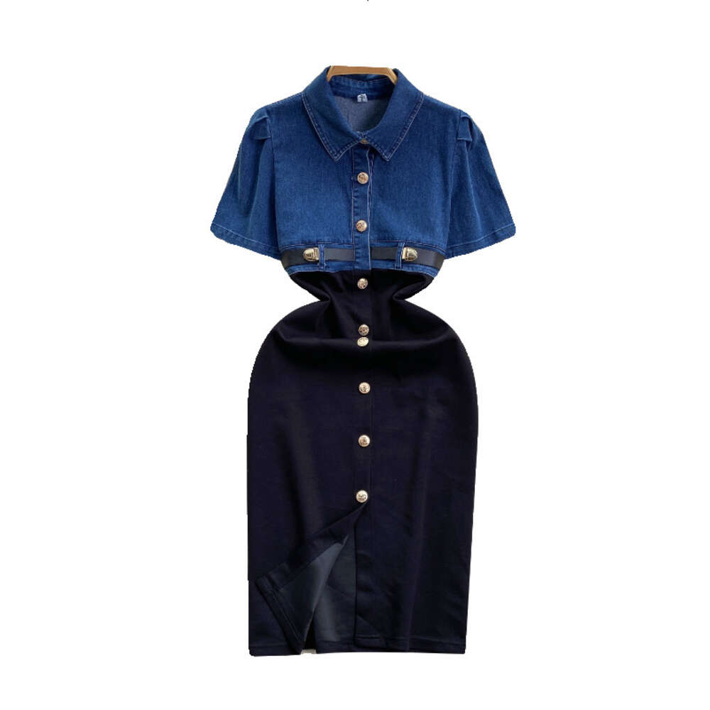 Design Fake Two Piece Womens Cowboy Short Sleeve Contrast Panel Mid length Over Knee Split Wrap Hip Skirt