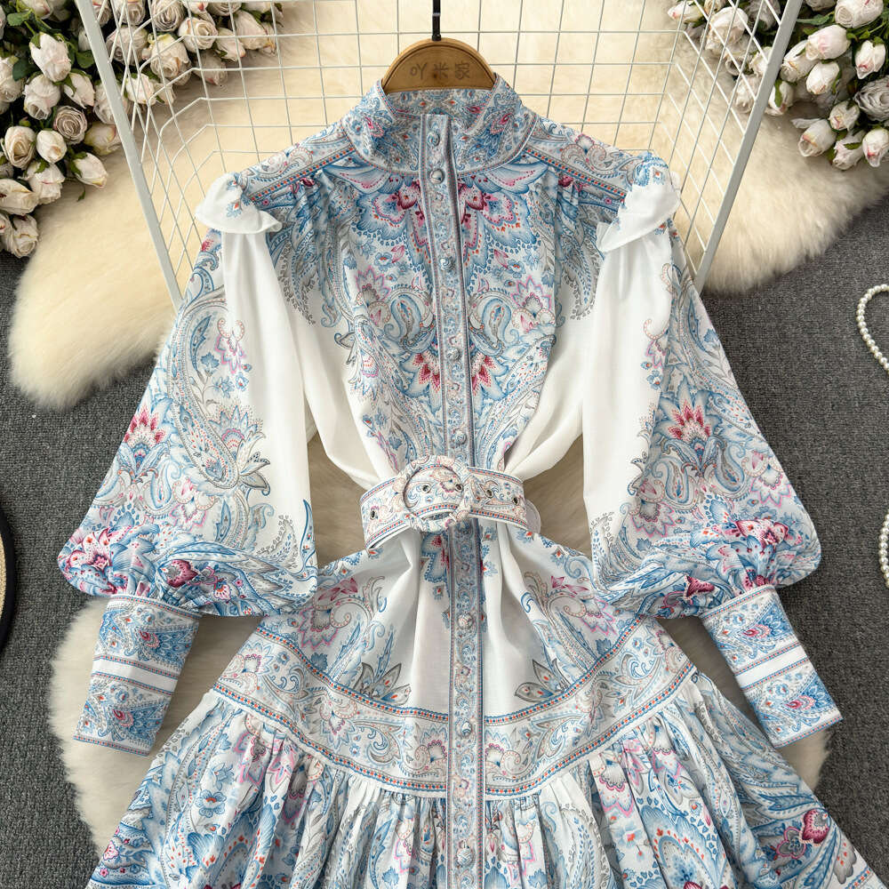 Spring and Autumn Elegant Lantern Long sleeved Standing Neck with Waist and Slim Appearance Single breasted A-line Positioning Printed Dress