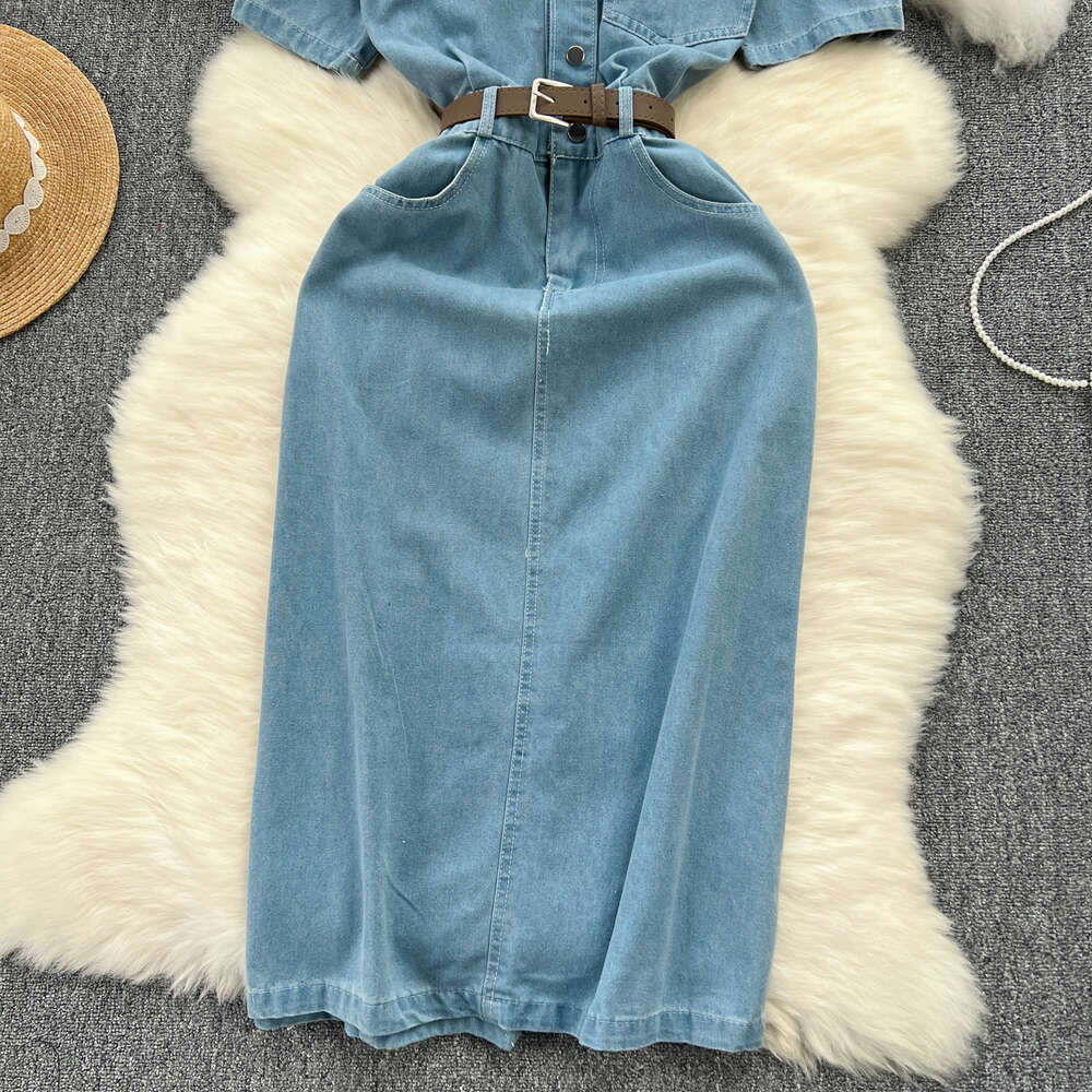 Chic denim dress for women in 2024 new style with stylish buttoned and slim fitting mid length skirt that includes buttocks