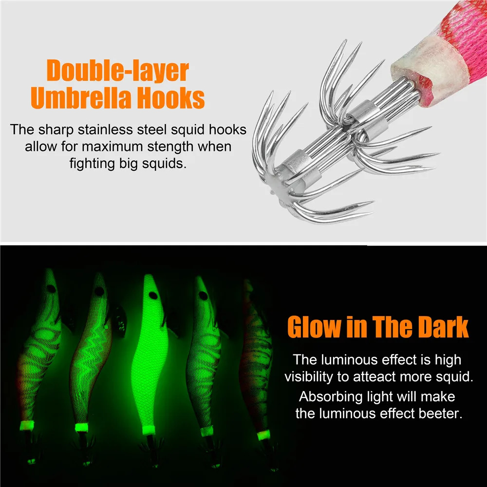 10Pcs Luminous Squid Bait Jig Hooks Rattle Saltwater Glow Squid lures Cuttlefish Sleeve Egi Jig Octopus Fishing lure 2.5 3.0 3.5 240603