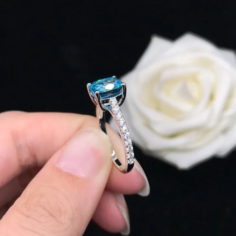 Solid 14K White Gold AU585 Platinum PT950 Simple four claw colorful rectangular aquamarine ring hand jewelry 240601