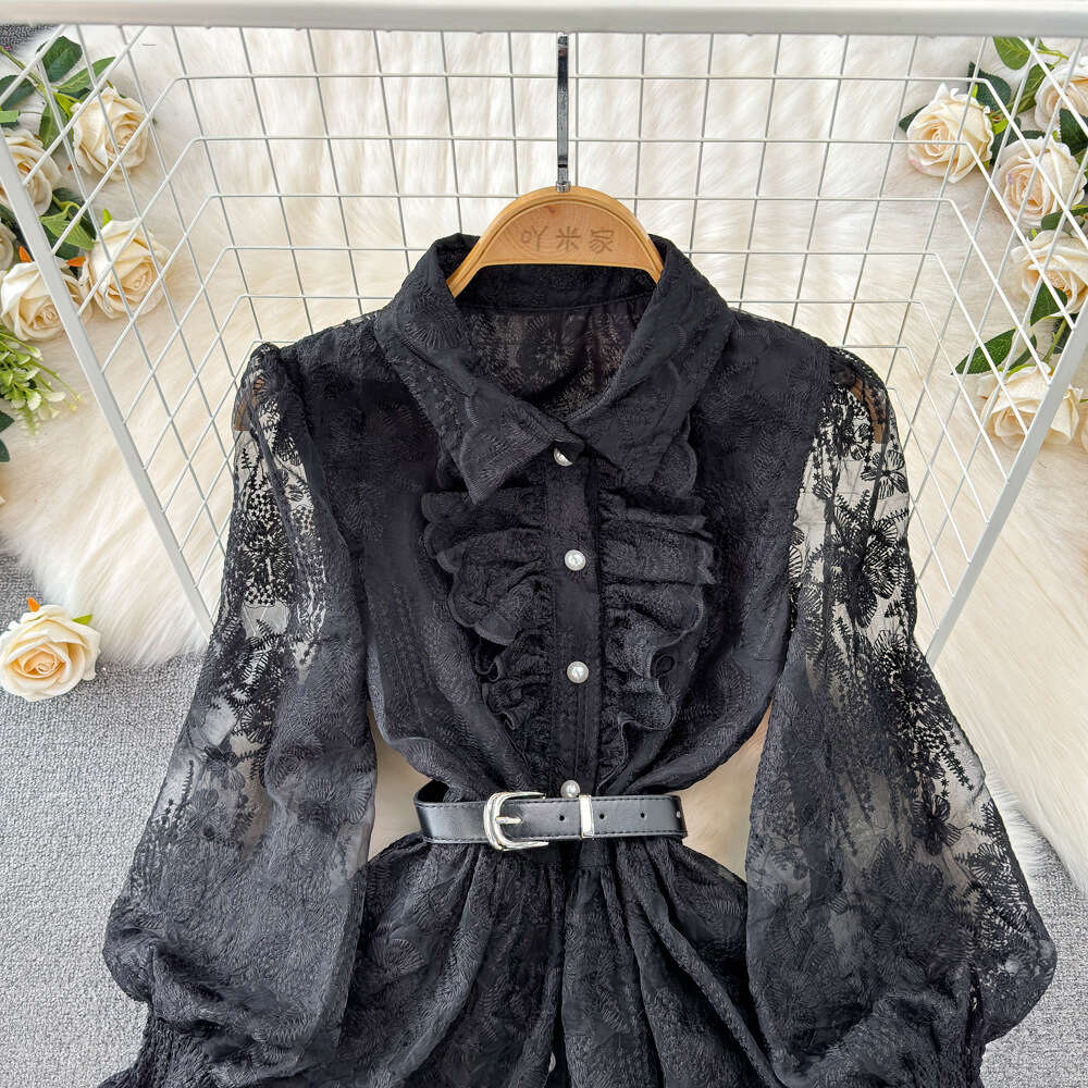 High end light luxury socialite temperament lantern long sleeved lapel waistband slimming effect single breasted A-line embroidered dress for women