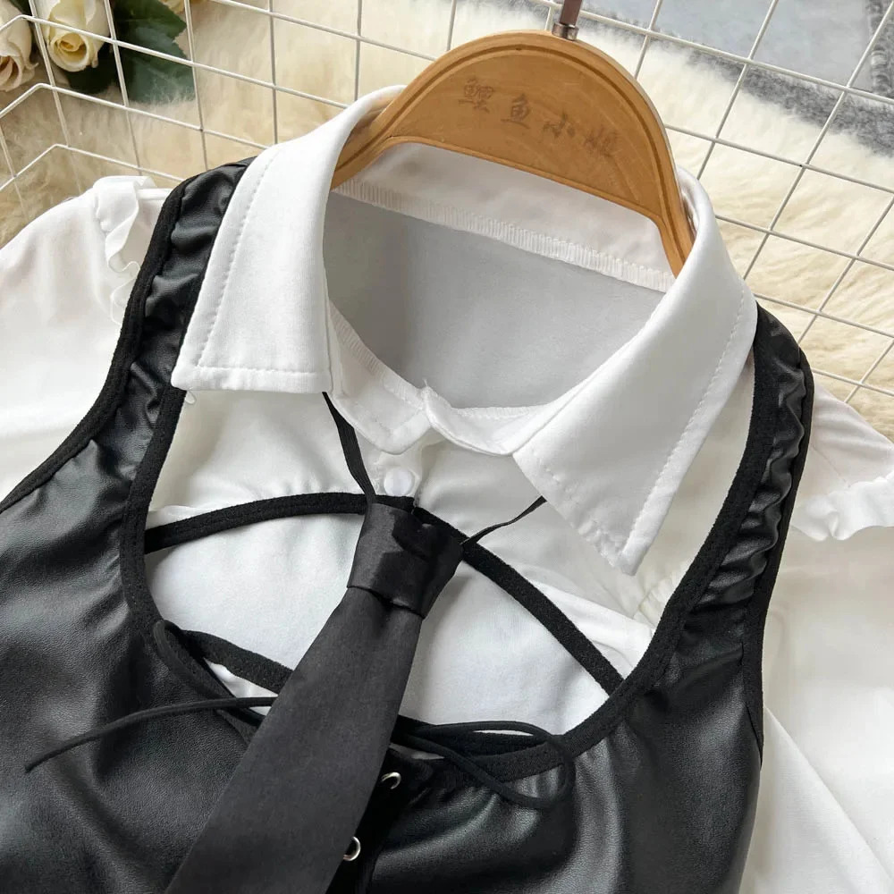 sweet Preppy Erotic Skirt Suits Fashion Short Sleeve TopsVestButton Mini Skirt Suit Women Hollow Out Sexy 2 Pieces Sets 240603