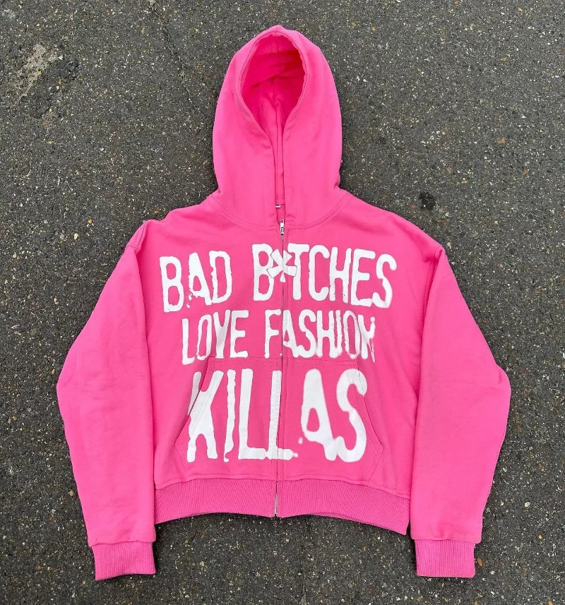 y2k Streetwear Goth Letter Print Oversized Hoodie Women Fashion Casual Loose Harajuku Versatile Zipper Sweatshirt Top 240521