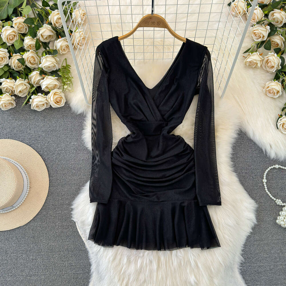 Fashionable Spicy Girl Sexy V-neck Low cut Open Back Waist Slim and Folded A-line Wrapped Hip Ruffle Edge Mesh Dress for Women
