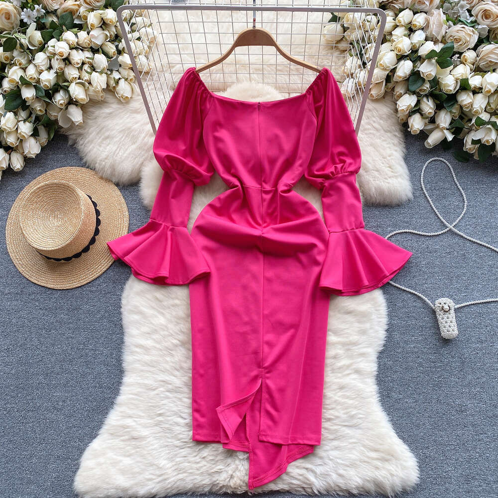 2024 New Early Spring Dress Womens Design Feeling Bubble Flare Sleeves Slim Fit Mid length Irregular Wrapped Hip Skirt