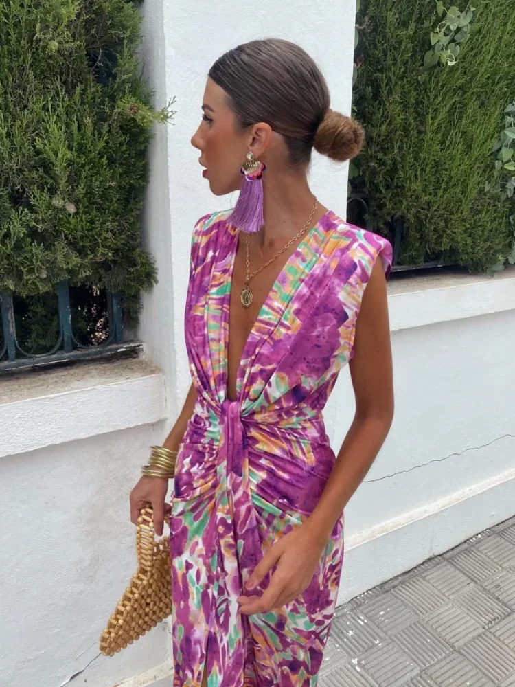 Women Fashion Printed Splited Midi Dress Sexy Deep V Neck Sleeveless Pleated Vestidos Summer Elegant Lady Party Dresses 240603