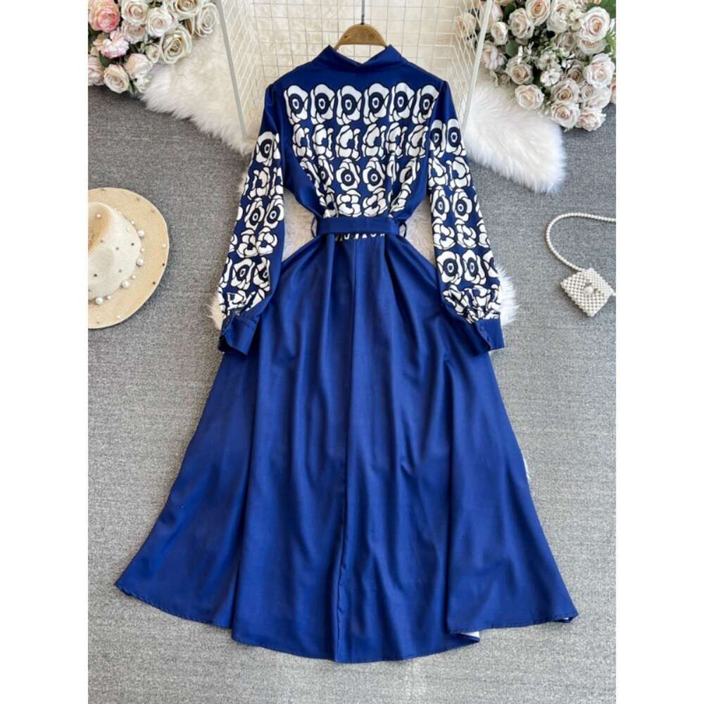 Spring and Autumn Luxury Celebrity Charm Long sleeved Polo Collar Waist Slimming Single breasted A-line Positioning Printed Shirt Dress
