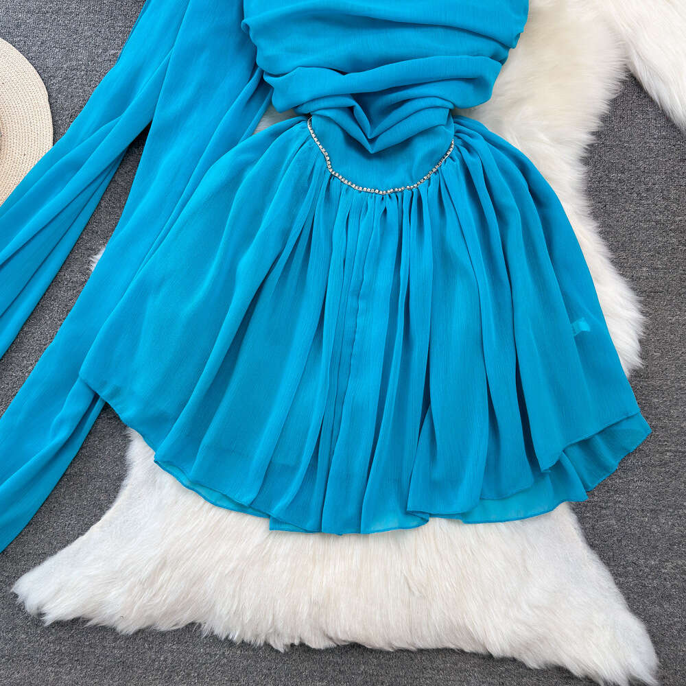 Fashionable socialite temperament sleeveless strapless waist cinching slim and small figure A-line fluffy mesh dress summer dress