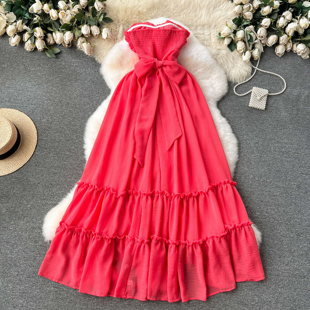 Sexy strapless vacation dress for women sweet bow tie waist cinching slim and long style with large hem and ruffle edge skirt