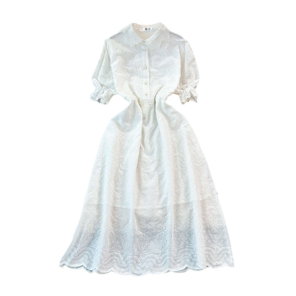 Fashionable and luxurious socialite temperament short sleeved lapel with waistband for slimming effect single breasted A-line hollow embroidered large