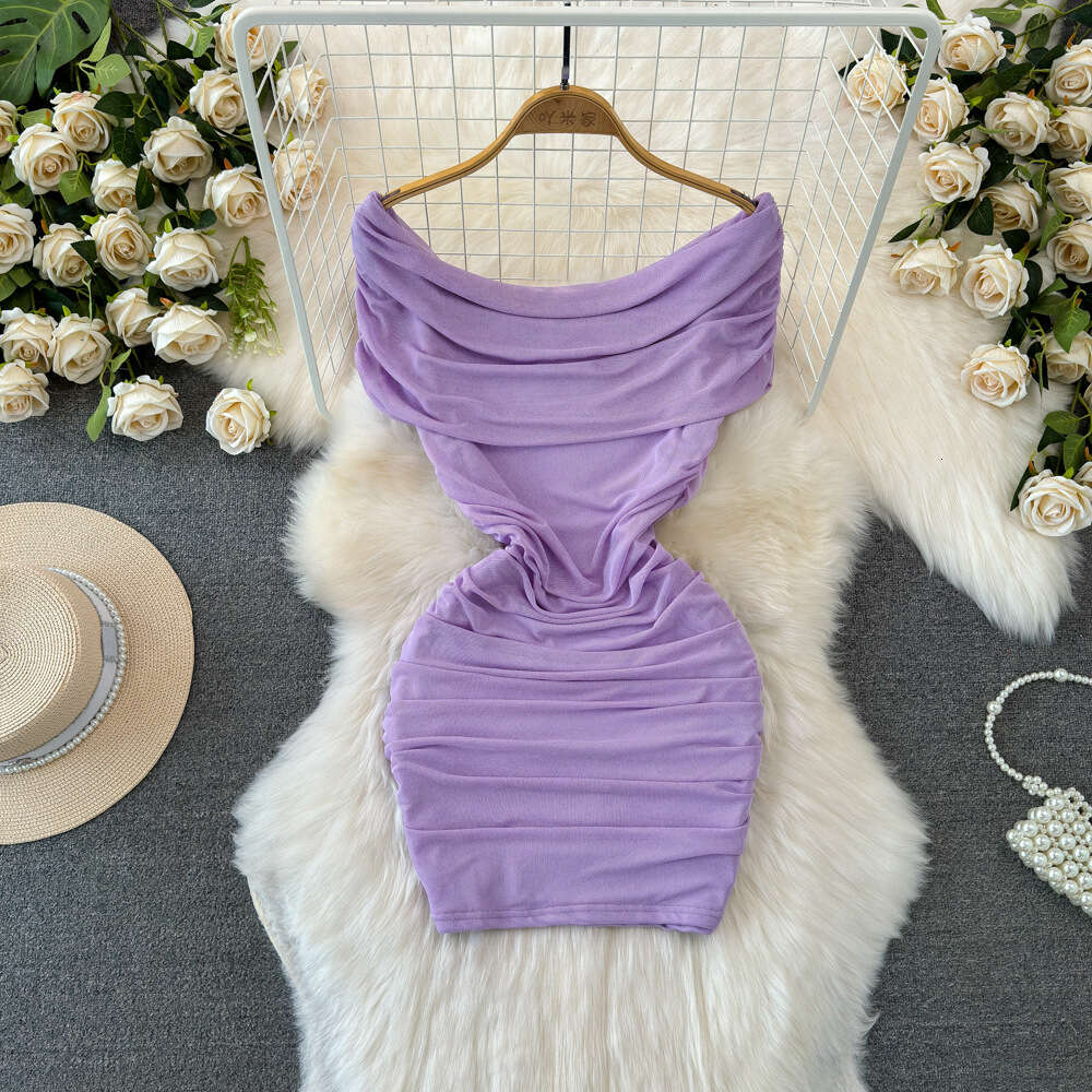 Summer Fashion Celebrity Elegance One Shoulder Off Shoulder Folded Waist Slim Wrapped Hip Mesh Bottom Dress