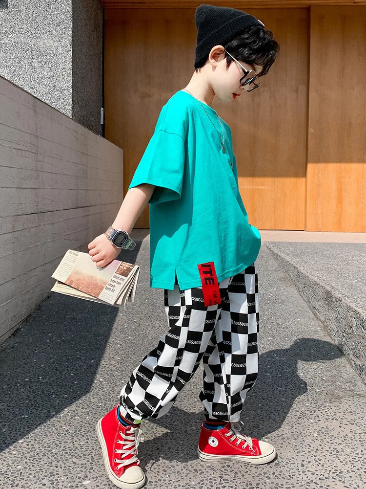 Summer Teenage Boy Girls Clothes Set Children Tshirts and Plaid Pants 2 Pieces Suit Kid Short Sleeve O Neck Top Bottom Tracksuit 240531