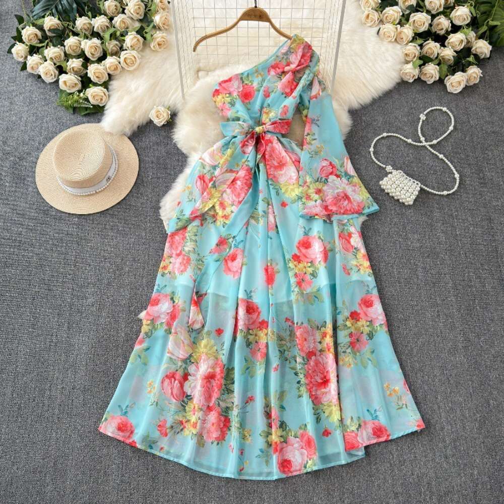 French court style dress summer dress womens design print button up slim fit long high-end dress holiday dress
