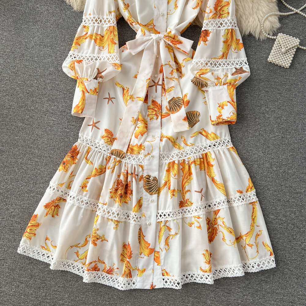 Early Spring Dress for Women 2024 New French Design with Printed Hollow out Spliced Bubble Sleeves Dress