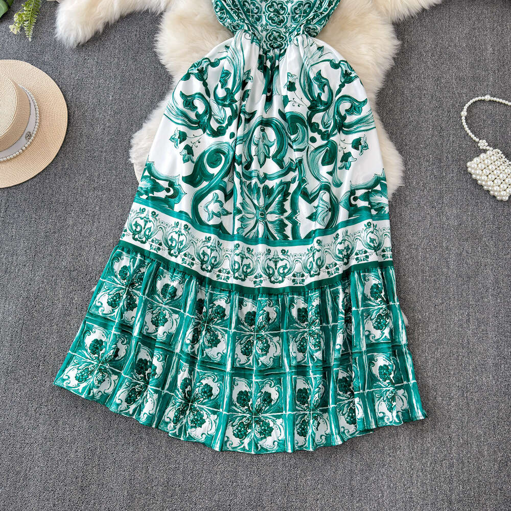 Ethnic style waistband slimming and elegant camisole dress for womens summer haute couture high-end printed stunning A-line long skirt