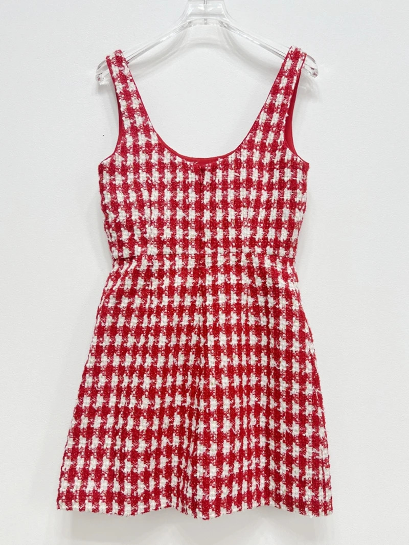 Arrive Red And White Plaid Tweed Women Mini Dress Sleeveless Slit Hem Lady Tank Dress 240529