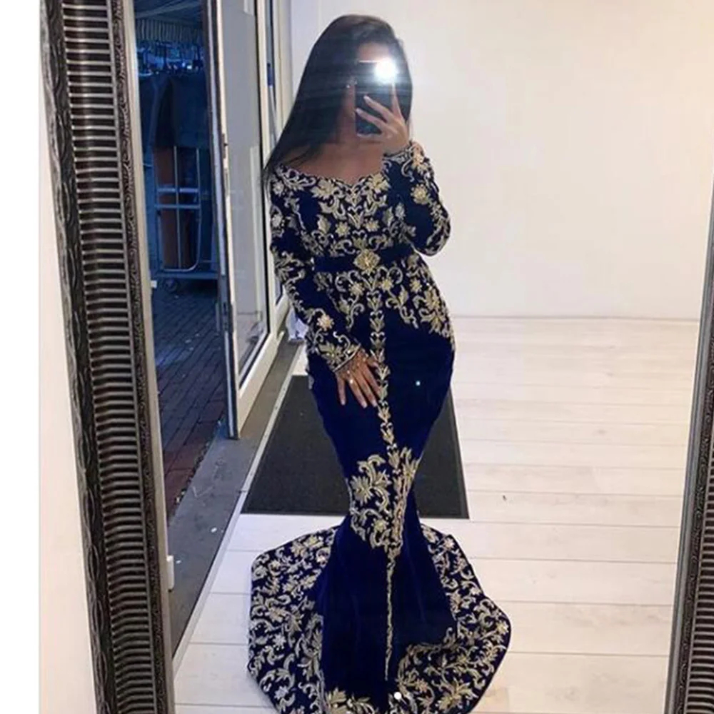 2024 Elegant Mermaid Caftan Evening Dresses Arabic Long Sleeves Velvet Prom Gown For Women Gold Lace Appliques Karakou Kaftan Modern Formal Party Dres