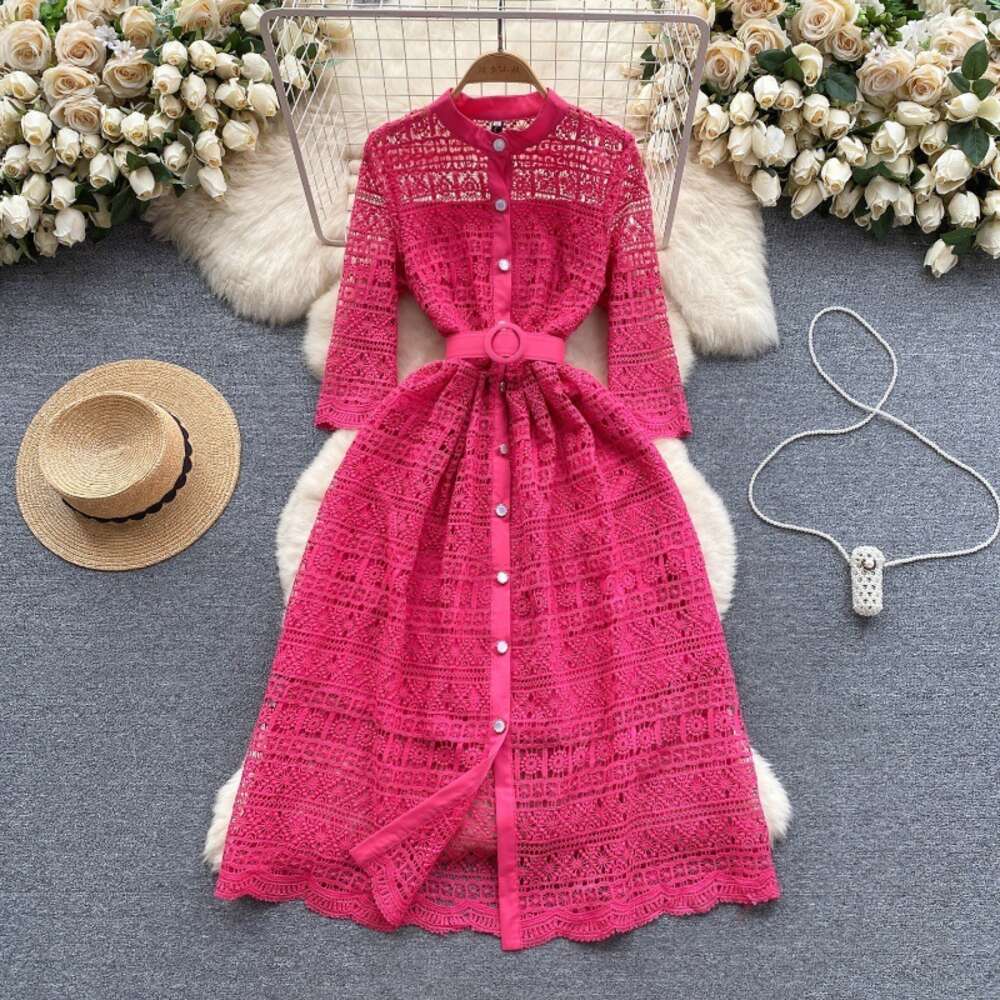 Light mature style womens clothing high-end feeling early spring dress womens design feeling hollowed out lace medium length French formal dress skirt