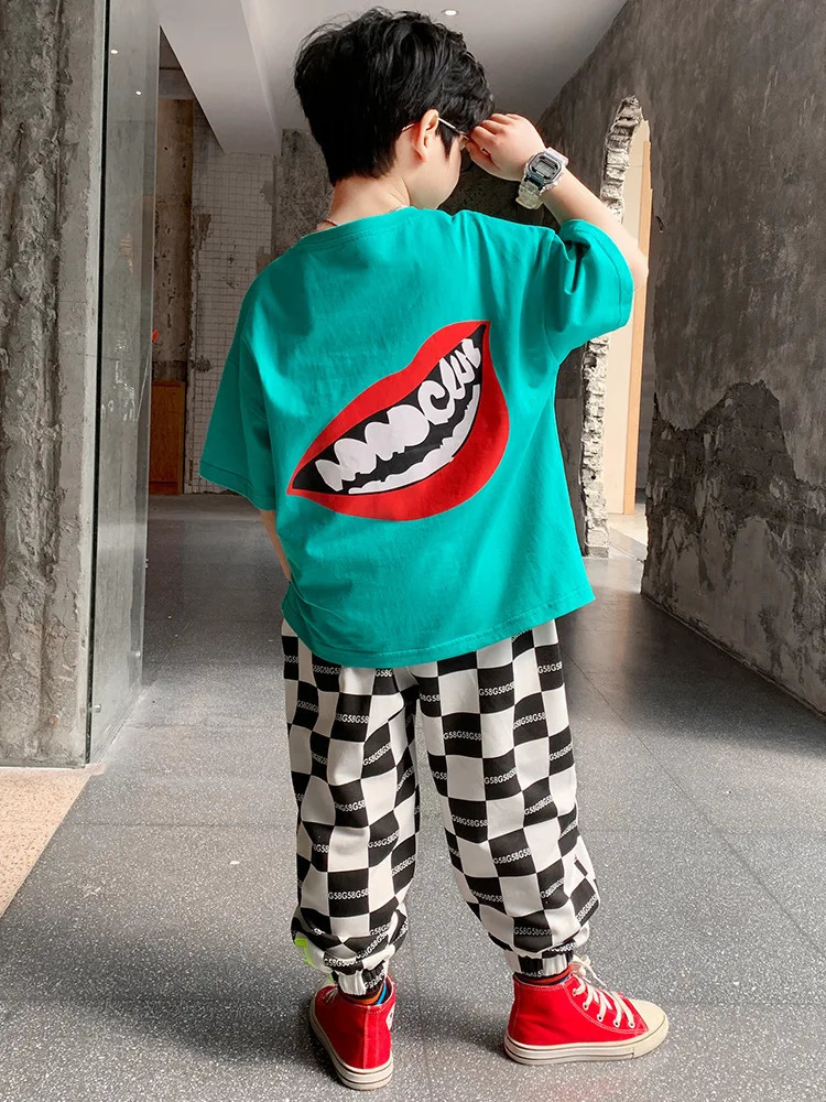 Summer Teenage Boy Girls Clothes Set Children Tshirts and Plaid Pants 2 Pieces Suit Kid Short Sleeve O Neck Top Bottom Tracksuit 240531