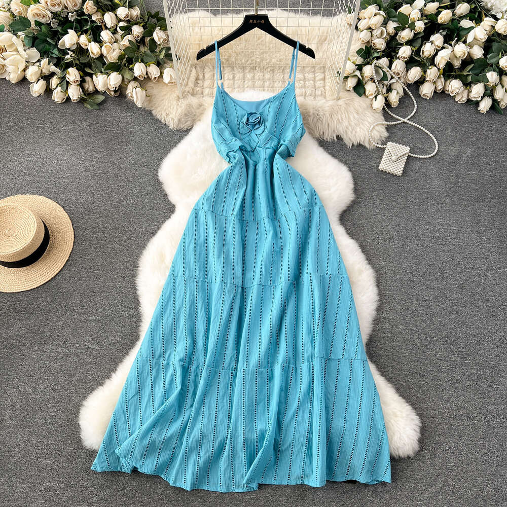 Sweet 3D V-neck with ruffled edges slim fit long vertical hollow holiday dress high-end feeling camisole dress for women