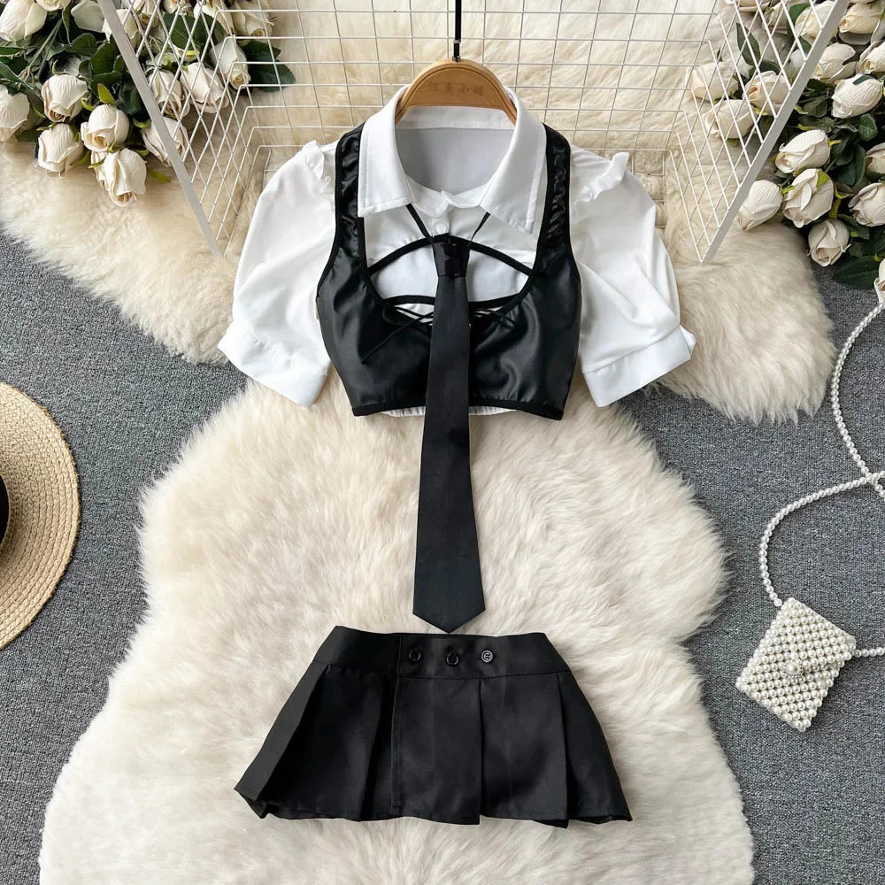 sweet Preppy Erotic Skirt Suits Fashion Short Sleeve TopsVestButton Mini Skirt Suit Women Hollow Out Sexy 2 Pieces Sets 240603