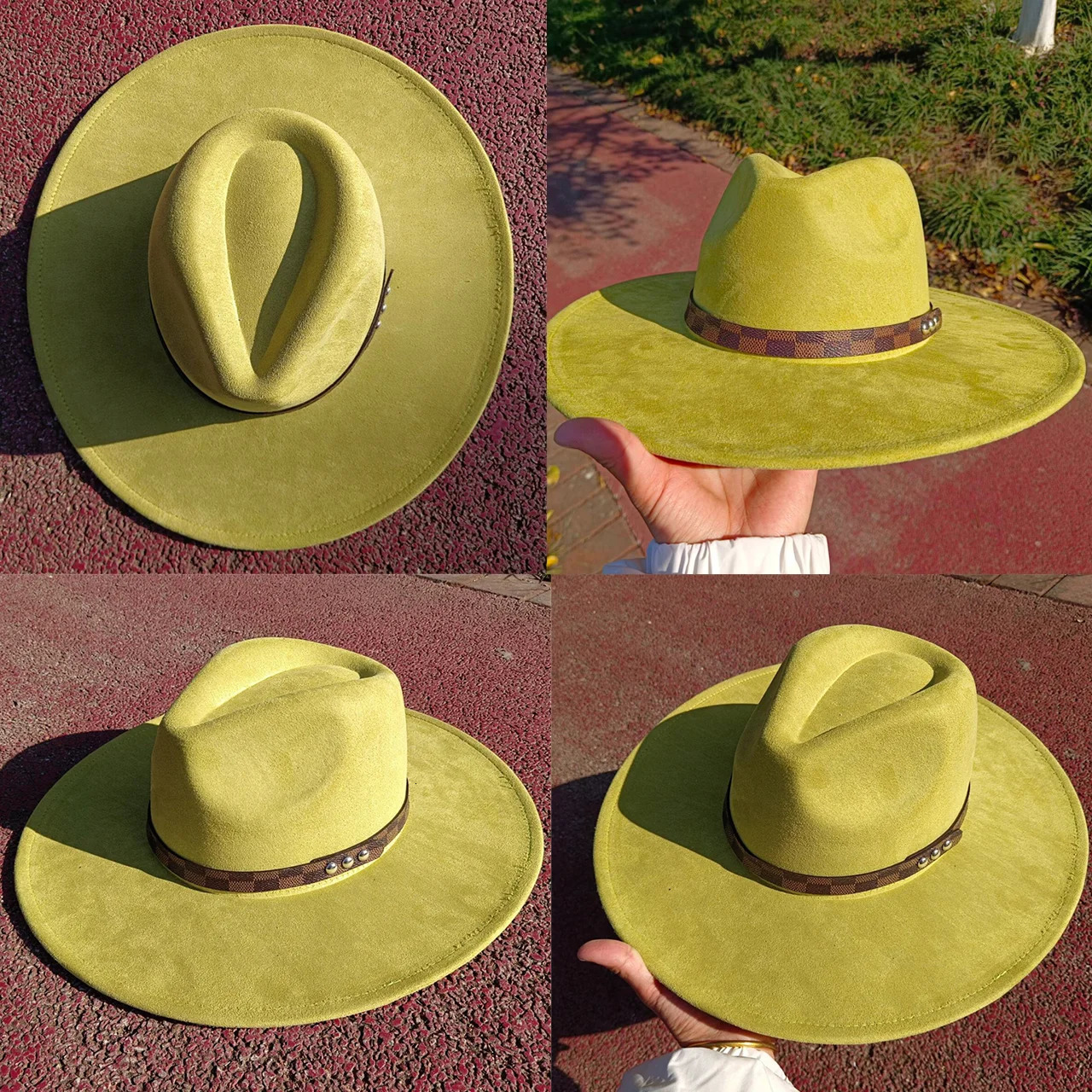 Avocado Green Fedora Suede Hat Checkered Belt Water Drop Top Large Brim Hat Mens and Womens Hat Suede Hat sombrero mujer 240603