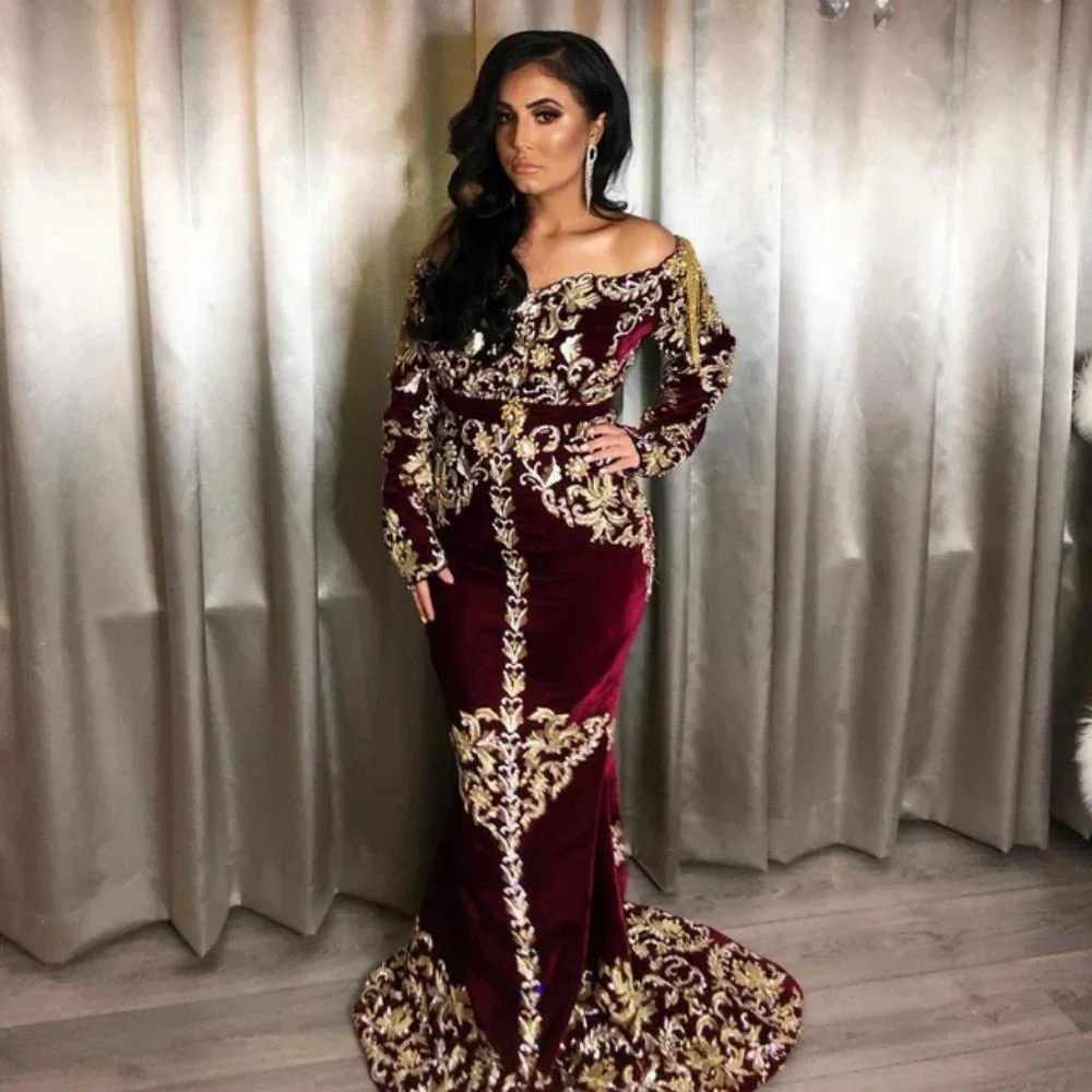 2024 Elegant Mermaid Caftan Evening Dresses Arabic Long Sleeves Velvet Prom Gown For Women Gold Lace Appliques Karakou Kaftan Modern Formal Party Dres