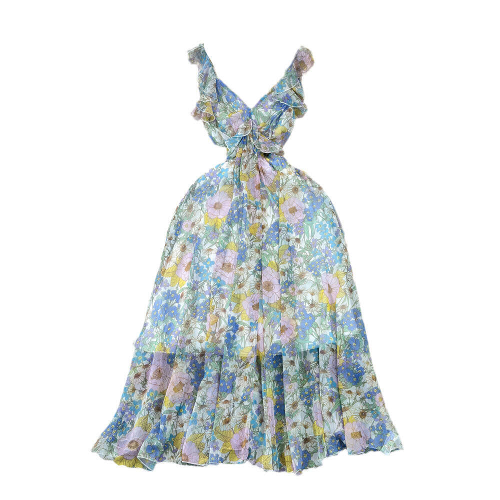 Gentle and socialite temperament V-neck waist cinched slimming A-line large hem printed chiffon dress seaside vacation long dress