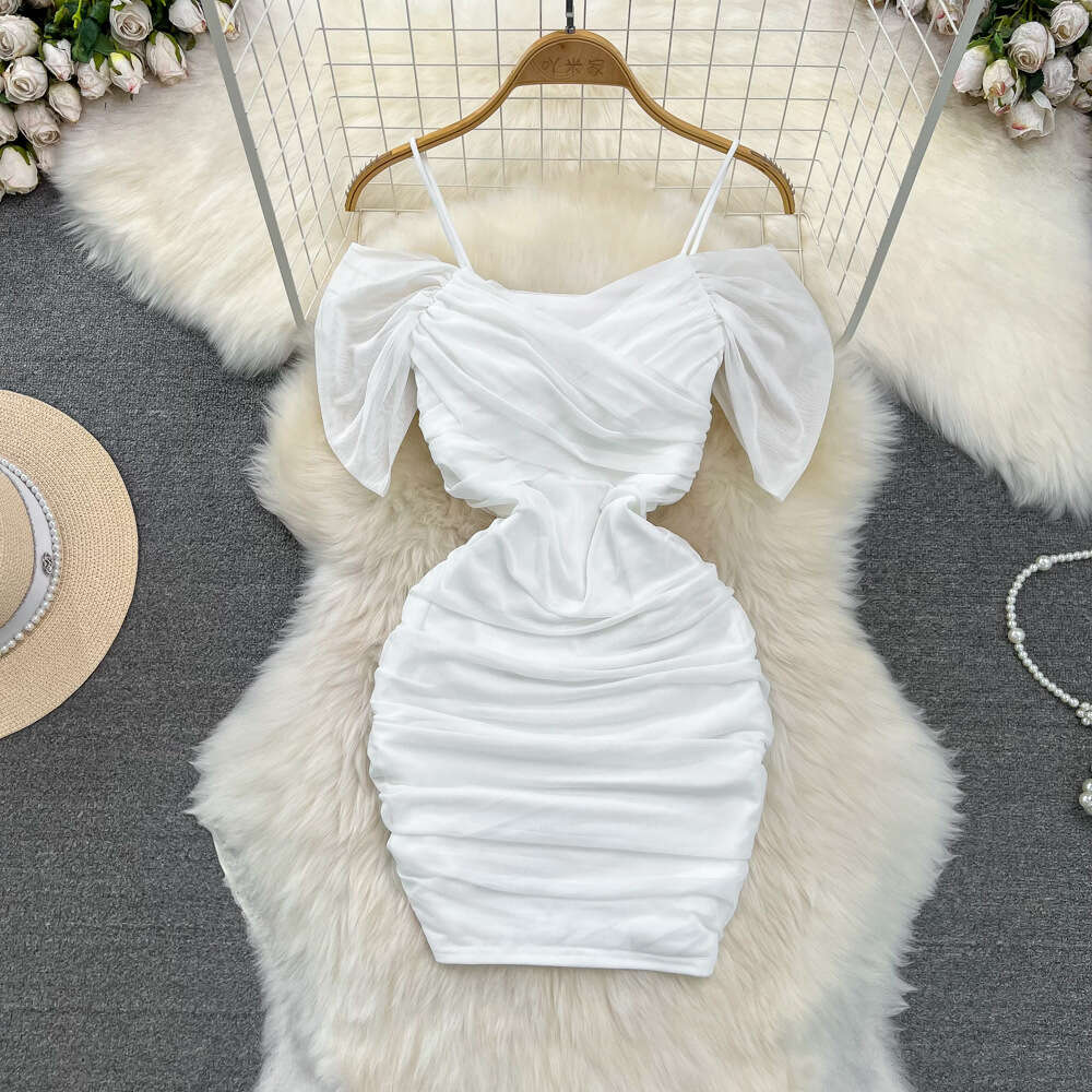 Summer Korean Fashion Sexy Nightclub V-Neck Waist Slim Fold Short Mesh Wrap Hip Strap Dress for Women