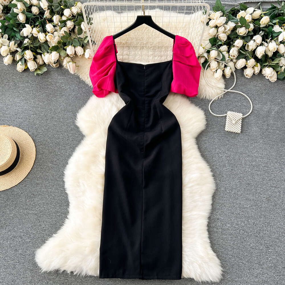 Light luxury and socialite style high-end dress for women with bubble sleeves square neck patchwork waist cinching design and a sense of niche slit lo