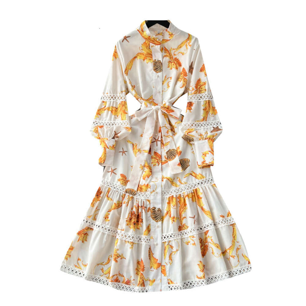 Early Spring Dress for Women 2024 New French Design with Printed Hollow out Spliced Bubble Sleeves Dress