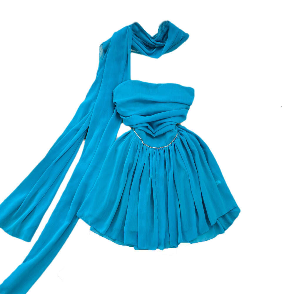 Fashionable socialite temperament sleeveless strapless waist cinching slim and small figure A-line fluffy mesh dress summer dress